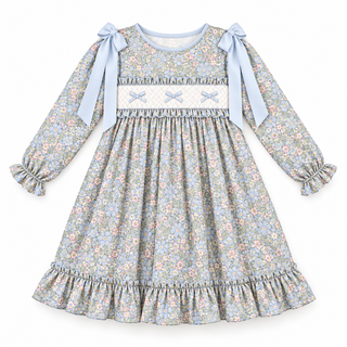 Snowy Blue Floral Bow Smocked Ruffle Dress
