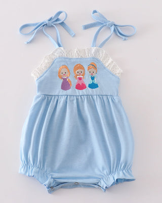 A blue ruffled girl's bubble dress with embroidered princess characters and lace trim.