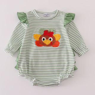 Green and white striped baby romper with a turkey applique on a light gray background