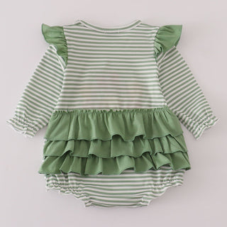 Green and white striped baby romper with ruffled layers on a light gray background