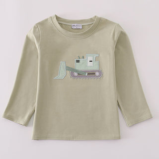 Children's long-sleeve shirt with a bulldozer design on a light gray background