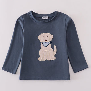 Navy blue long-sleeve shirt with a dog graphic on a light gray background