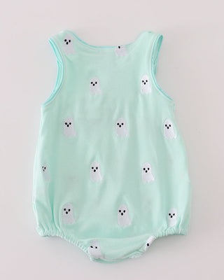 Mint green baby romper with ghost embroidery on a light gray background