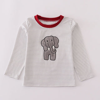 Striped long-sleeve shirt with an elephant applique on a white background
