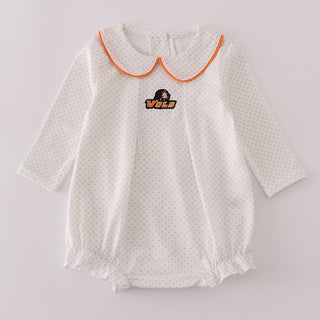 White baby romper with orange collar on a light gray background