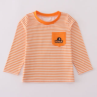 Orange and white striped long-sleeve shirt with a pocket on a light gray background