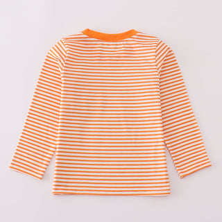 Orange and white striped long-sleeve shirt on a light gray background
