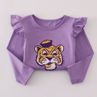 Purple long-sleeve top with a tiger graphic on a light gray background