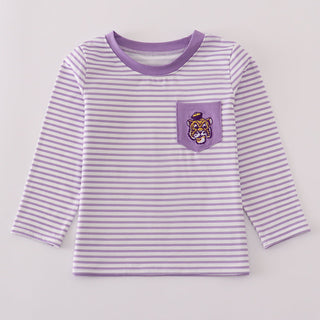 Purple and white striped long-sleeve shirt with a pocket on a light gray background