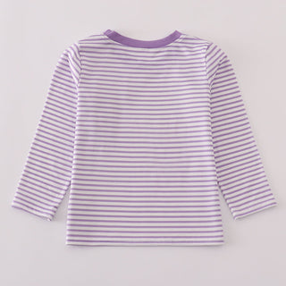 Purple and white striped long-sleeve shirt on a light gray background