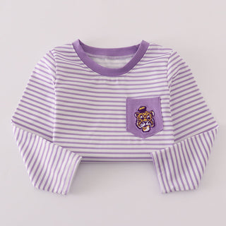 Purple and white striped shirt with a tiger patch on a light gray background