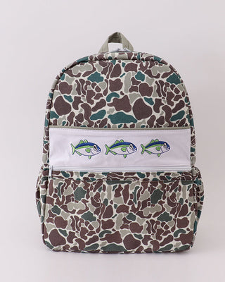 Backpack with a camouflage pattern and fish illustrations on a white background