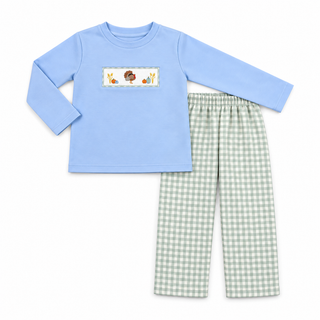 November Fields Embroidered Gingham Boy Pants Set