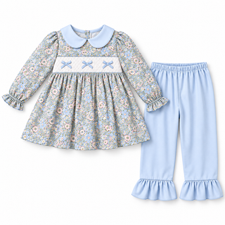 Snowy Blue Floral Bow Smocked Ruffle Pants Set