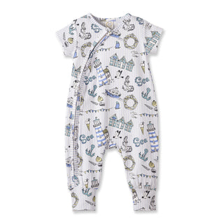 Baby onesie with nautical pattern on a white background