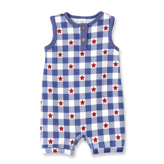 Baby romper with blue checkered pattern and red stars on a white background