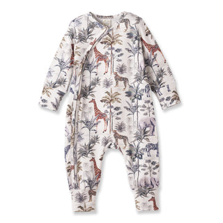 Children's onesie with safari animal print on a white background