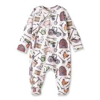 Baby onesie with farm-themed pattern on a white background