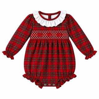 Christmas Keepsake Bow Smocked Plaid Girl Bubble