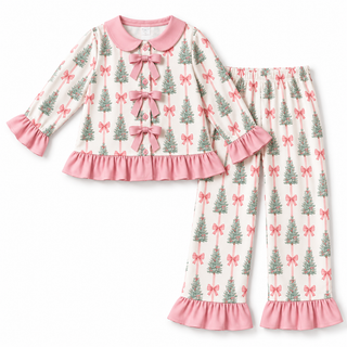Bow-Tied Christmas Trees Ruffle Pajama Set