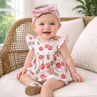 Cherry Picnic Flutter Sleeve Bamboo Skirted Baby Bodysuit