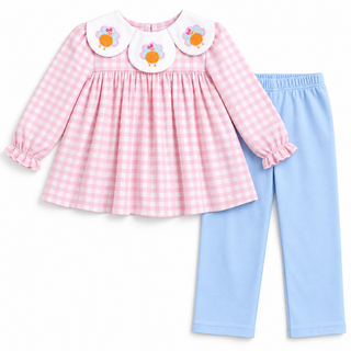 Thankful Tilly Turkey Embroidered Gingham Girl Pants Set