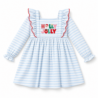 Holly Jolly Stripe Embroidered Ruffle Dress