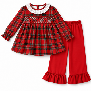 Christmas Keepsake Bow Smocked Plaid Ruffle Pants Set