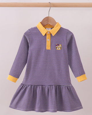 Purple and white striped dress with gold collar and tiger embroidery — long sleeve toddler gameday dress
