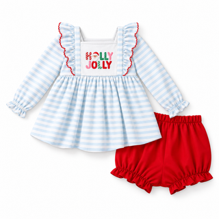 Holly Jolly Stripe Embroidered Ruffle Bloomer Set
