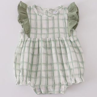 Green checkered romper with ruffled sleeves on a white background