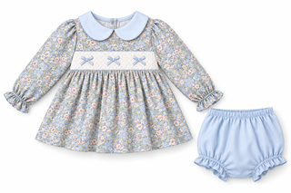 Snowy Blue Floral Bow Smocked Ruffle Bloomer Set