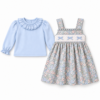 Snowy Blue Floral Bow Smocked 2pc Dress Set