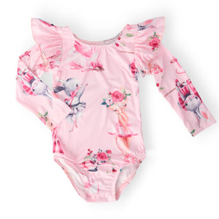 Pink children's leotard with floral and ballerina print on a white background