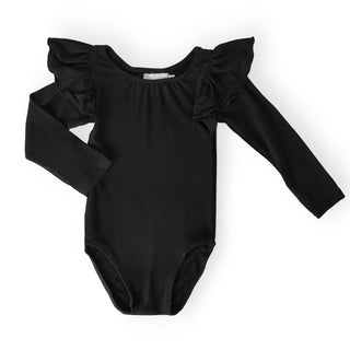 Black leotard with ruffled long sleeves on a white background