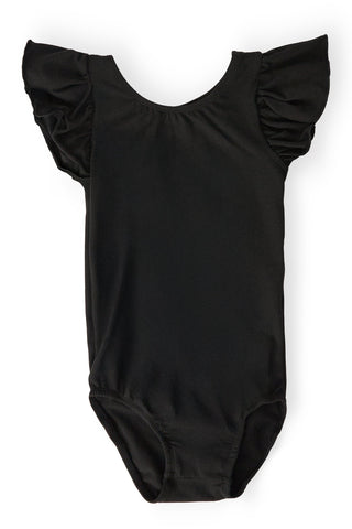 Black leotard with ruffled sleeves on a white background