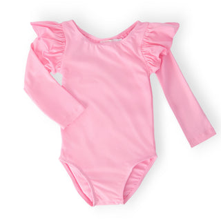 Pink leotard with ruffled sleeves on a white background