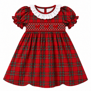 Christmas Keepsake Bow Smocked Plaid Girl Dress