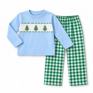 Green Pine Christmas Heirloom Embroidered Boy Pants Set