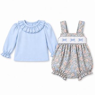 Snowy Blue Floral Bow Smocked Ruffle 2pc Bubble Set