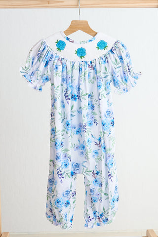 Blooming Blue Roses Smocked Romper