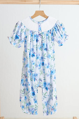 Blooming Blue Roses Smocked Romper