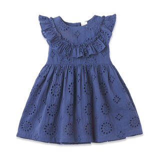 Blue dress with floral cut-out pattern on a white background