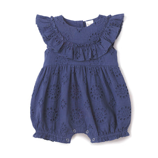 Blue baby romper with ruffled collar on a white background