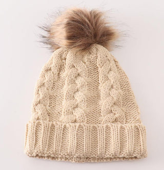 Pom Pom Cable Knit Beige Beanie – Mom & Me Matching Hats