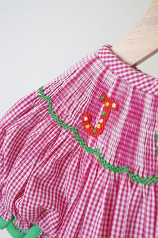 Festive Joy Hand Smocked Pink Gingham Baby Romper