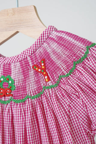 Festive Joy Hand Smocked Pink Gingham Baby Romper