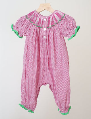 Festive Joy Hand Smocked Pink Gingham Baby Romper