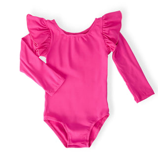 Pink Leotard with ruffled sleeves on a white background
