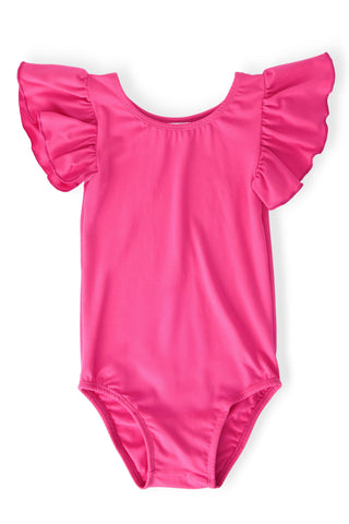 Pink leotard with ruffled sleeves on a white background